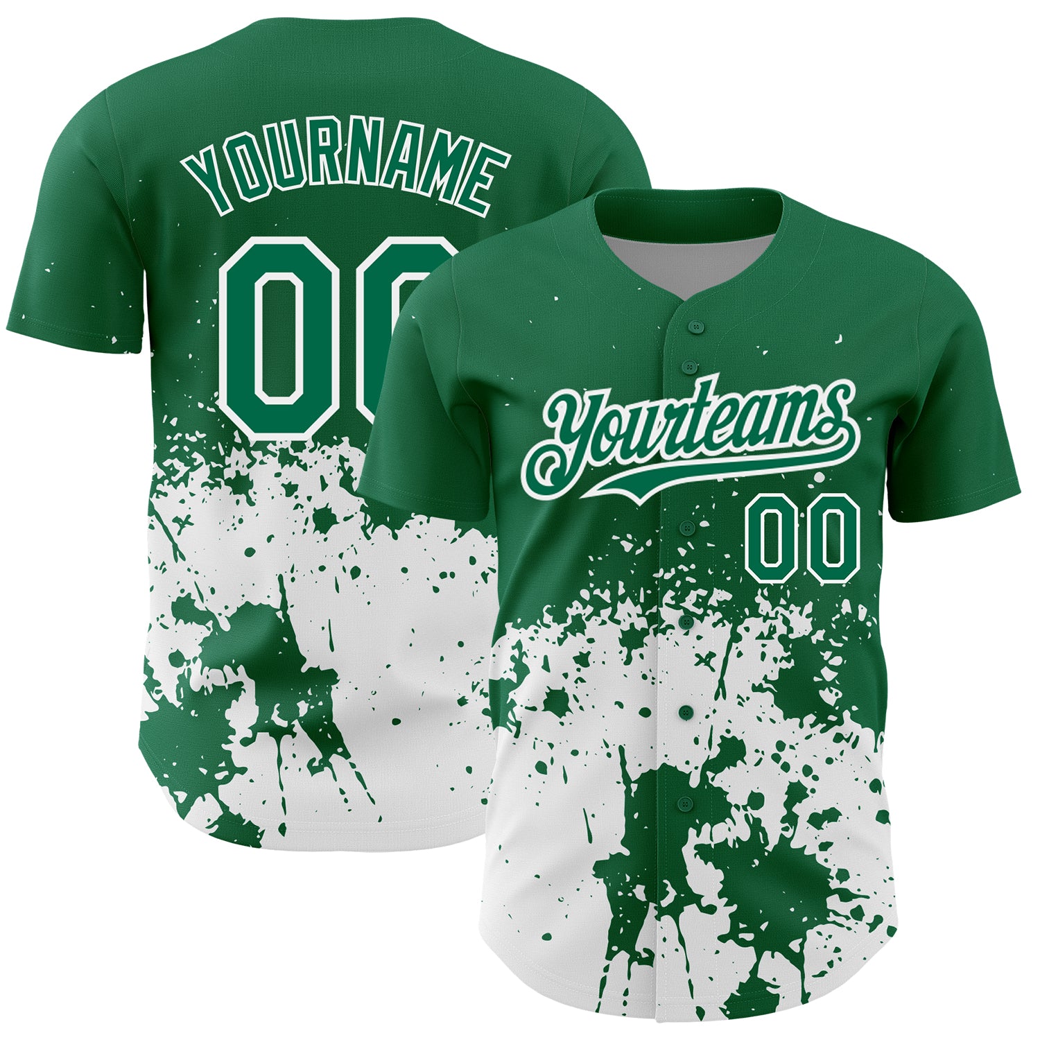 Custom Name and Number Authentic Baseball Jersey 3D Pattern Design in Kelly Green and White Abstract Splash Art Personalized