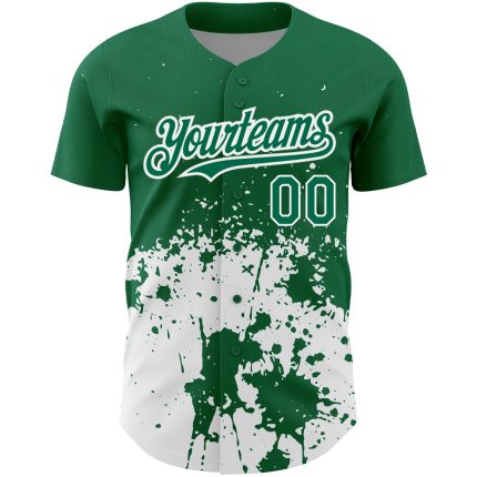 Custom Name and Number Authentic Baseball Jersey 3D Pattern Design in Kelly Green and White Abstract Splash Art Personalized