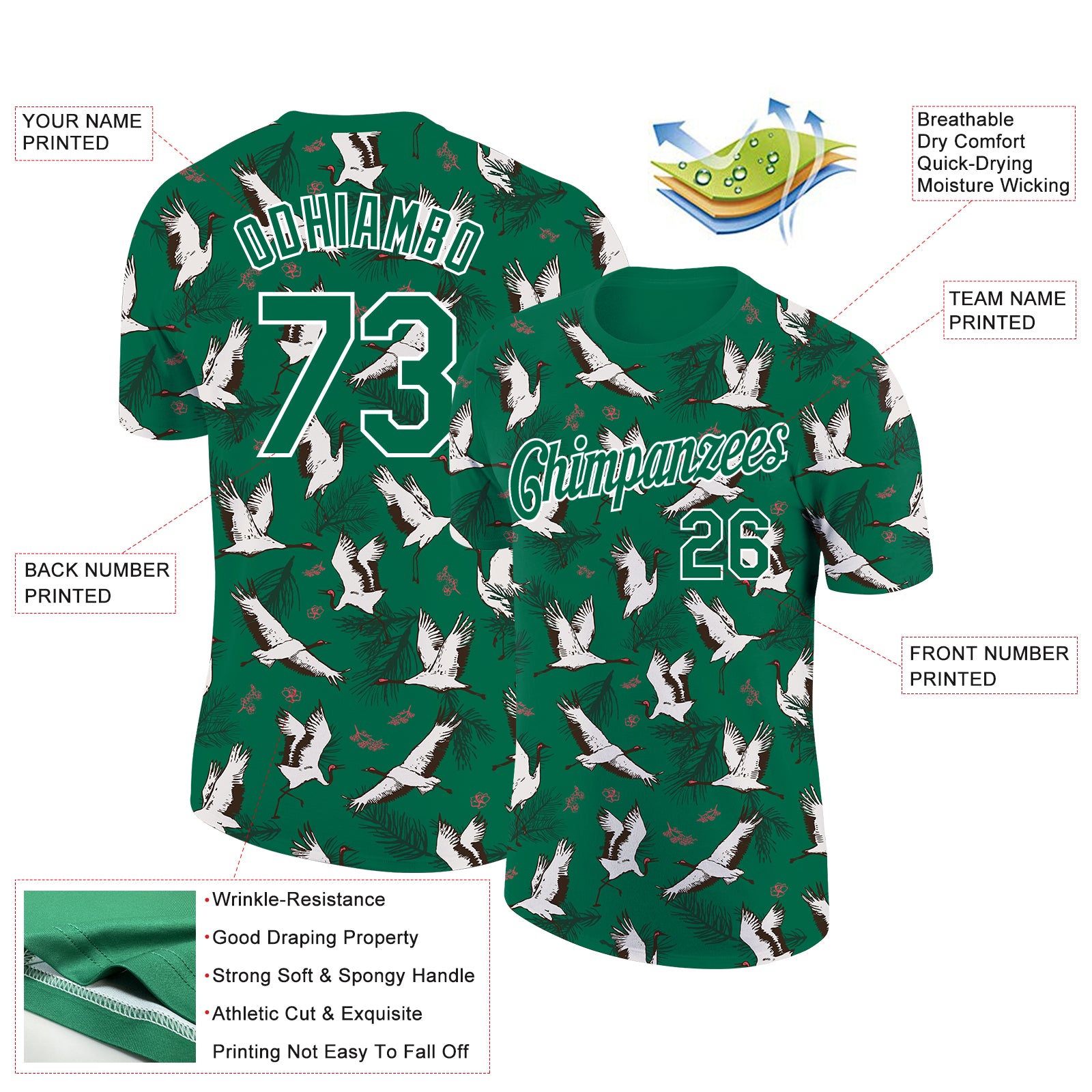 Personalized Kelly Green White 3D Pattern Design Animal Crane Performance T-Shirt Team Custom Name and Number Personalized Animal Crane Performance T-Shirt with Custom Name & Number in Kelly Green and White 3D Pattern Personalized - Image 2