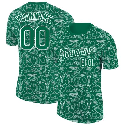 Custom Name and Number Cowboy Accessory T-Shirt - Personalized 3D Pattern Design in Kelly Green and White Personalized Kelly