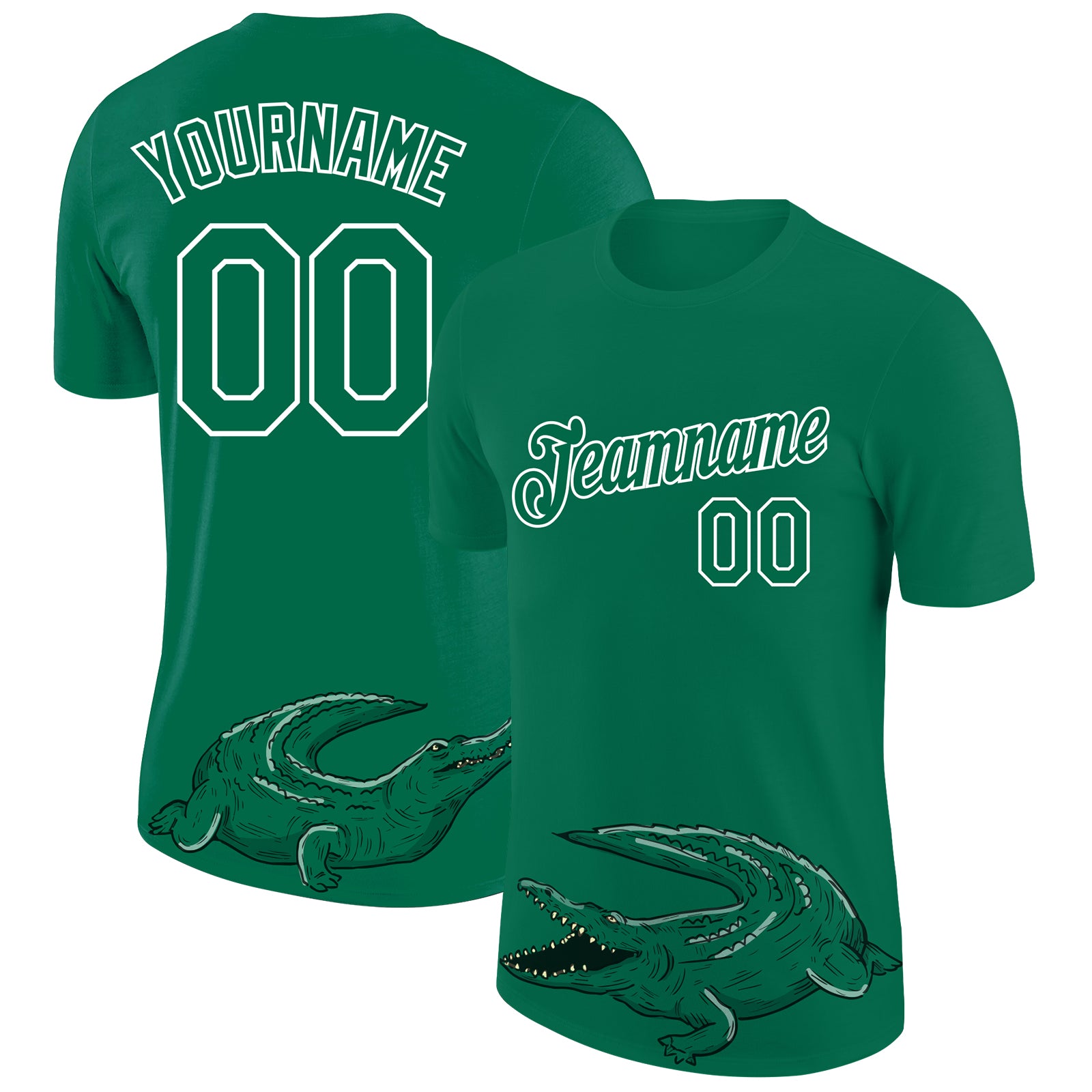 Custom Team Name and Number Personalized Crocodile Performance T-Shirt in Kelly Green White 3D Pattern Design Personalized
