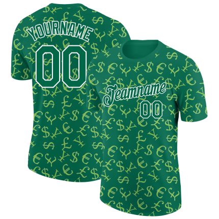 Custom Money Sign Performance T-Shirt with 3D Pattern Design, Personalized Team Name & Number in Kelly Green and White. Personalized