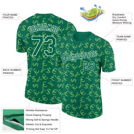 Custom Money Sign Performance T-Shirt with 3D Pattern Design, Personalized Team Name & Number in Kelly Green and White. Personalized