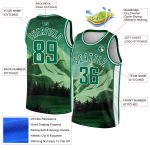 Custom Basketball Jersey with Personalized Name and Number in Kelly Green 3D Pattern Watercolor Landscape Design Personalized