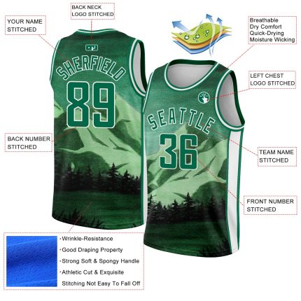 Custom Basketball Jersey with Personalized Name and Number in Kelly Green 3D Pattern Watercolor Landscape Design Personalized