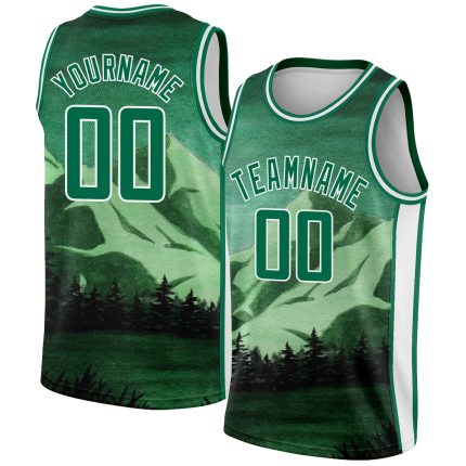 Custom Basketball Jersey with Personalized Name and Number in Kelly Green 3D Pattern Watercolor Landscape Design Personalized
