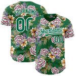 Custom Name and Number Authentic Baseball Jersey with Big Flower 3D Pattern Design in Kelly Green and White - Northeast China