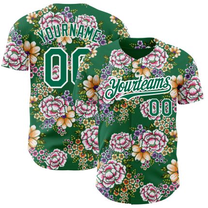 Custom Name and Number Authentic Baseball Jersey with Big Flower 3D Pattern Design in Kelly Green and White - Northeast China