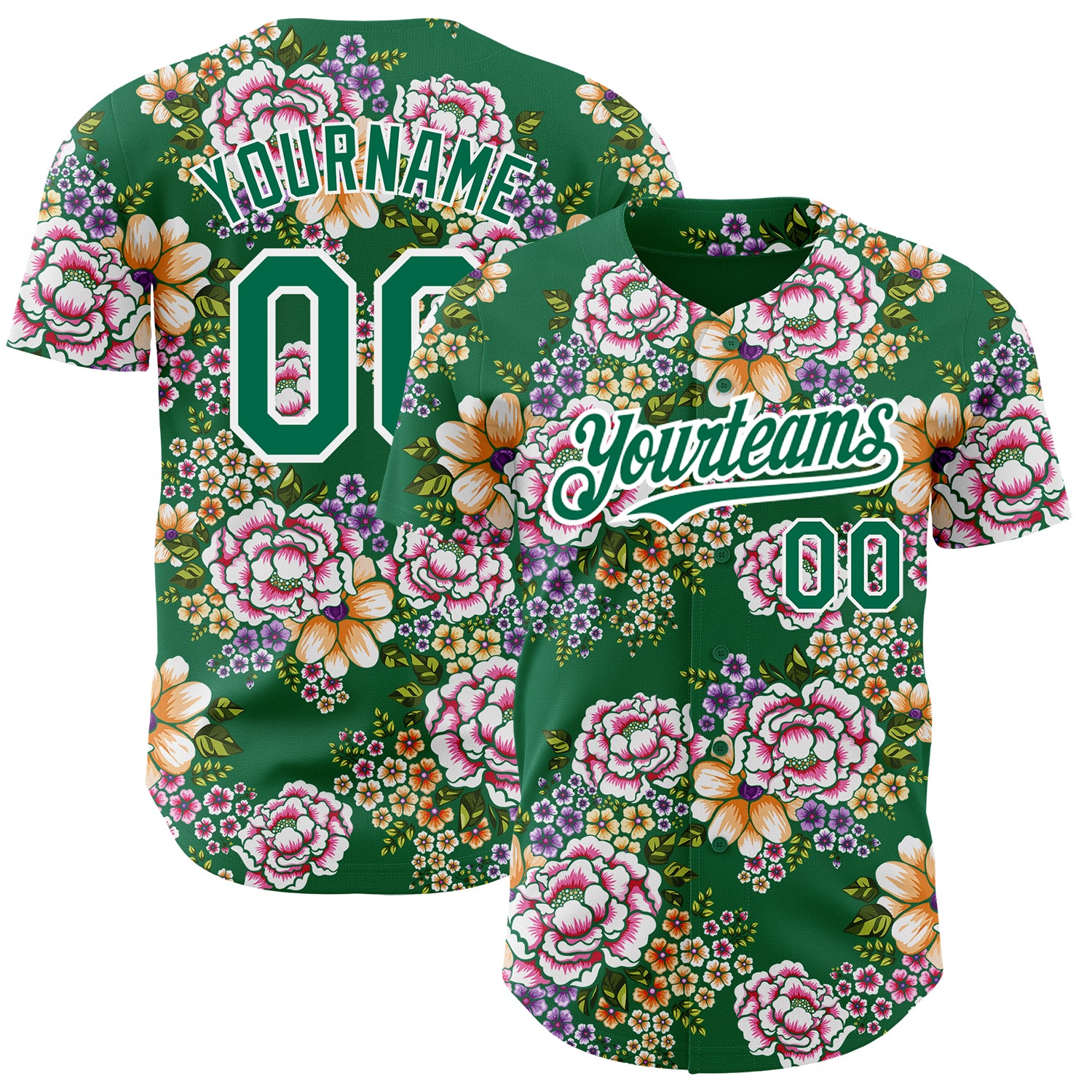 Custom Name and Number Authentic Baseball Jersey with Big Flower 3D Pattern Design in Kelly Green and White - Northeast China