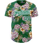 Custom Name and Number Authentic Baseball Jersey with Big Flower 3D Pattern Design in Kelly Green and White - Northeast China