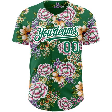 Custom Name and Number Authentic Baseball Jersey with Big Flower 3D Pattern Design in Kelly Green and White - Northeast China