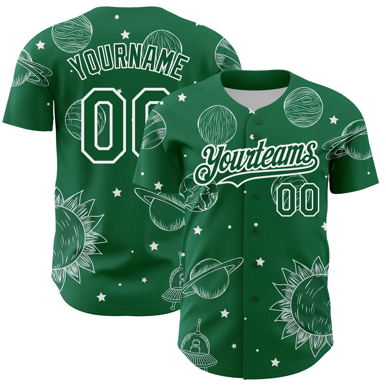 Custom Name and Number 3D Pattern Planets Baseball Jersey - Personalized Kelly Green and White Design Personalized Kelly