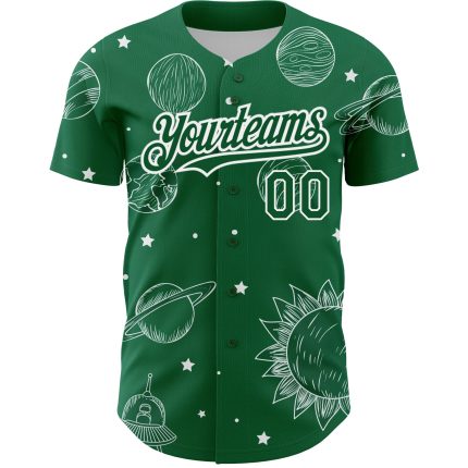 Custom Name and Number 3D Pattern Planets Baseball Jersey - Personalized Kelly Green and White Design Personalized Kelly