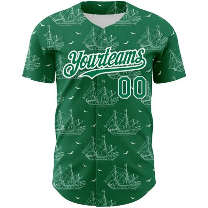 Personalized Kelly Green 3D Pattern Ship Frigate Baseball Jersey with Seagulls Custom Name & Number Personalized Kelly Green
