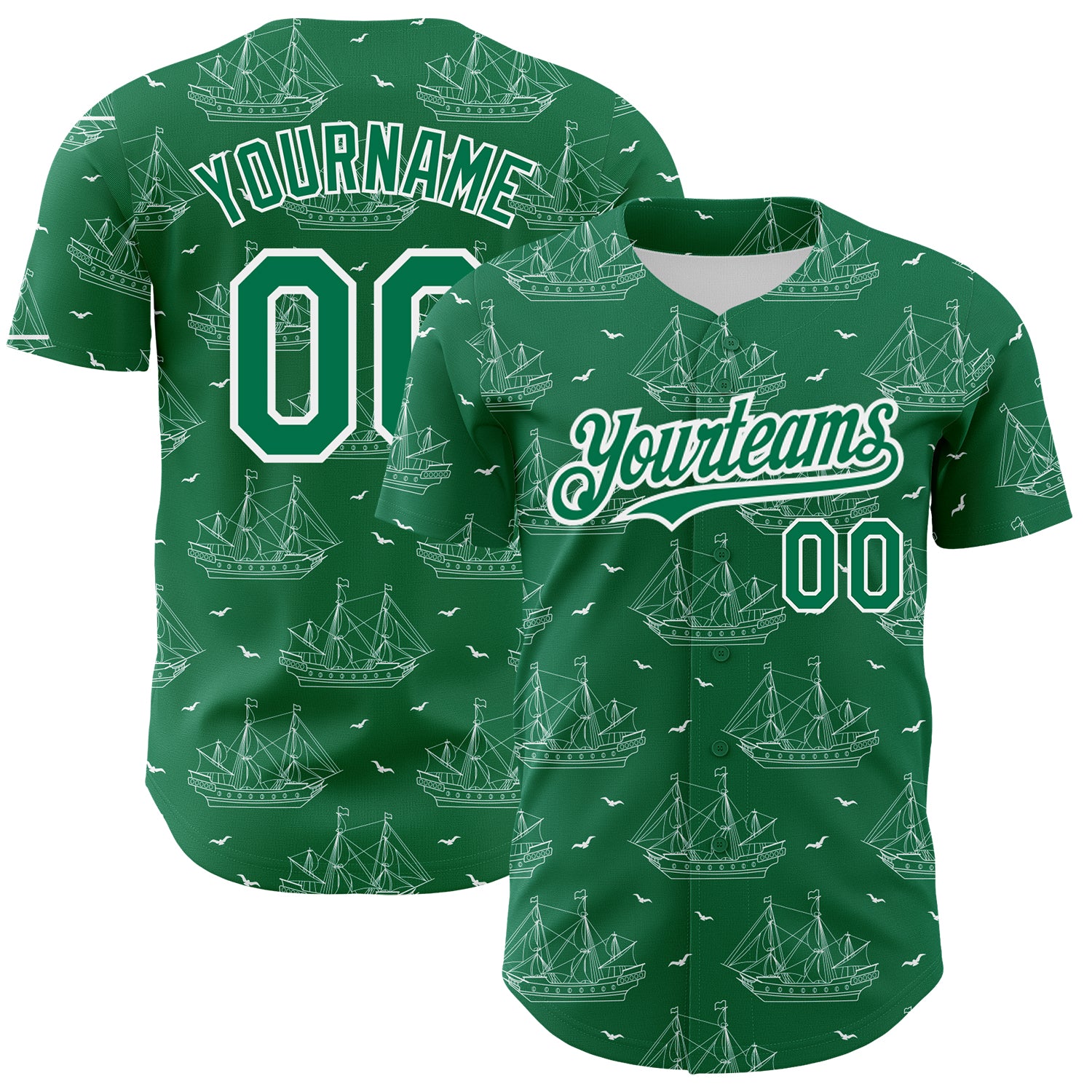 Personalized Kelly Green 3D Pattern Ship Frigate Baseball Jersey with Seagulls Custom Name & Number Personalized Kelly Green