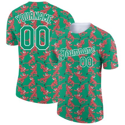 Personalized Tiger Performance T-Shirt with Custom Name and Number, 3D Pattern Design in Kelly Green and White Personalized