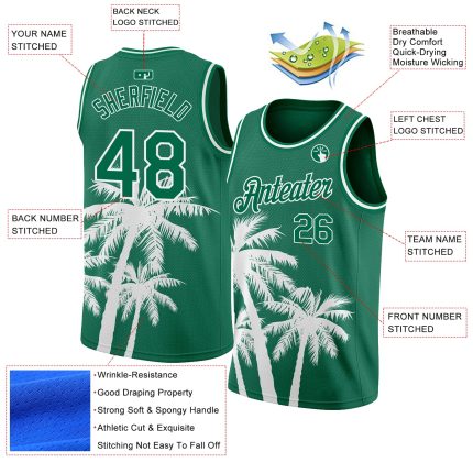 Custom Name & Number Basketball Jersey - Tropical Hawaii Coconut Trees 3D Pattern - Kelly Green & White Authentic Design