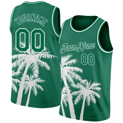 Custom Name & Number Basketball Jersey - Tropical Hawaii Coconut Trees 3D Pattern - Kelly Green & White Authentic Design