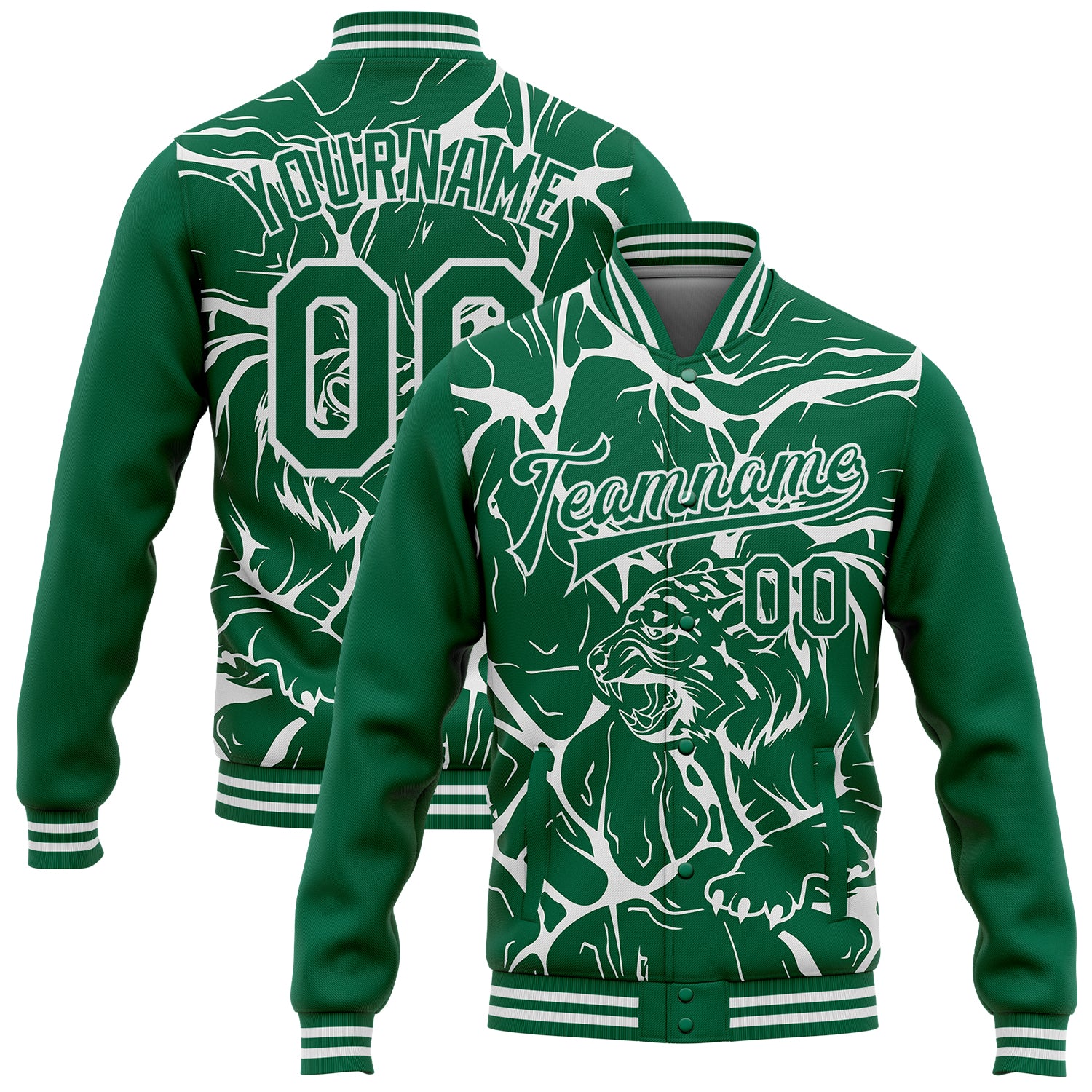 Personalized 3D Tiger Pattern Green Varsity Jacket with Custom Name & Number - Bomber Full-Snap Design Personalized Kelly