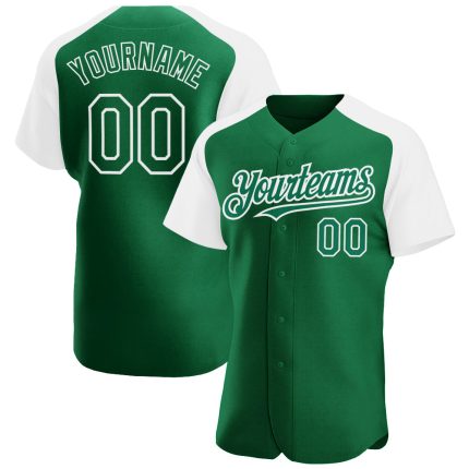 Custom Name and Number Baseball Jersey in Kelly Green and White, Authentic Raglan Sleeves, Team Spirit Apparel Personalized