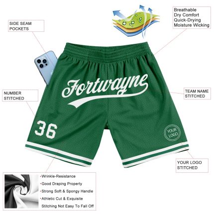 Personalized Authentic Throwback Basketball Shorts in Kelly Green and White Personalized Kelly Green White Authentic Throwback