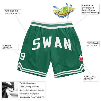 Custom Name and Number Kelly Green White Authentic Basketball Shorts - Personalized Throwback Style 6796 Personalized Kelly
