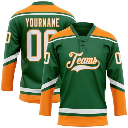 Custom Name and Number Hockey Jersey in Kelly Green and White-Bay Orange - Personalized Team Gear Personalized Kelly Green