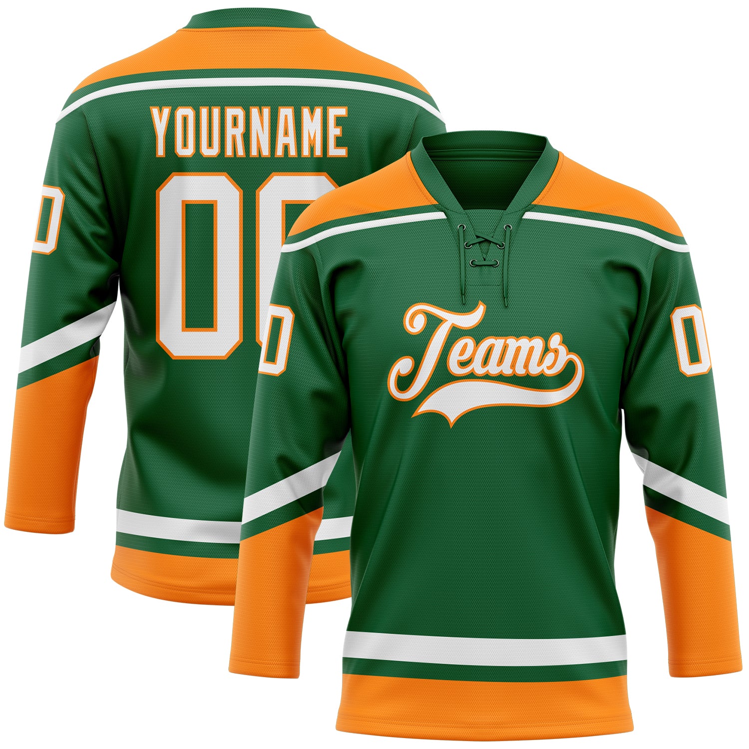 Custom Name and Number Hockey Jersey in Kelly Green and White-Bay Orange - Personalized Team Gear Personalized Kelly Green