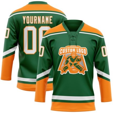Custom Name and Number Hockey Jersey in Kelly Green and White-Bay Orange - Personalized Team Gear Personalized Kelly Green