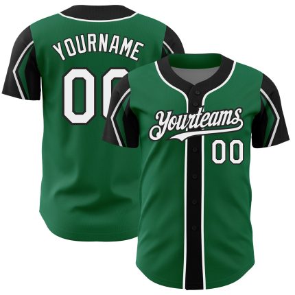 Custom Name and Number Authentic Baseball Jersey in Kelly Green with White and Black Arm Shapes - Personalized Team Apparel