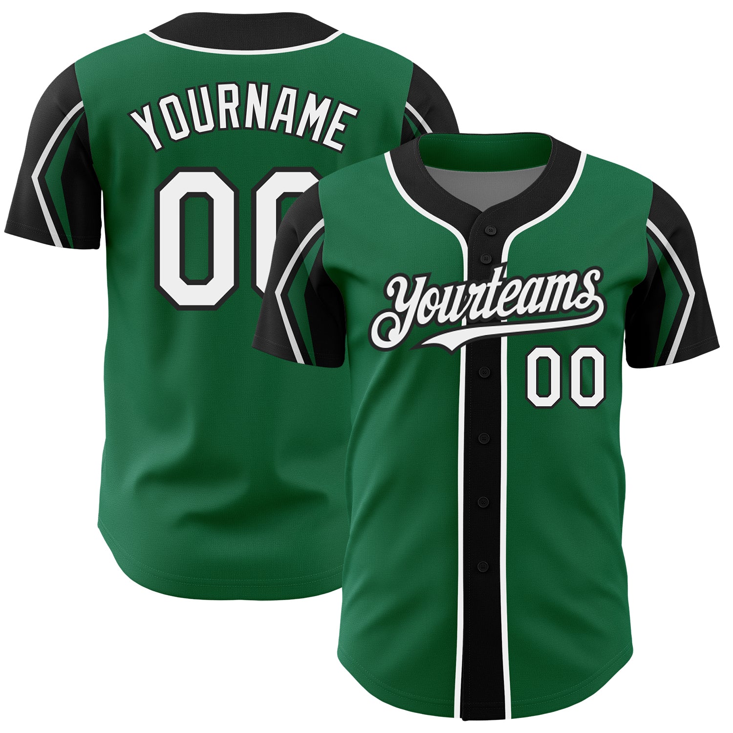 Custom Name and Number Authentic Baseball Jersey in Kelly Green with White and Black Arm Shapes - Personalized Team Apparel