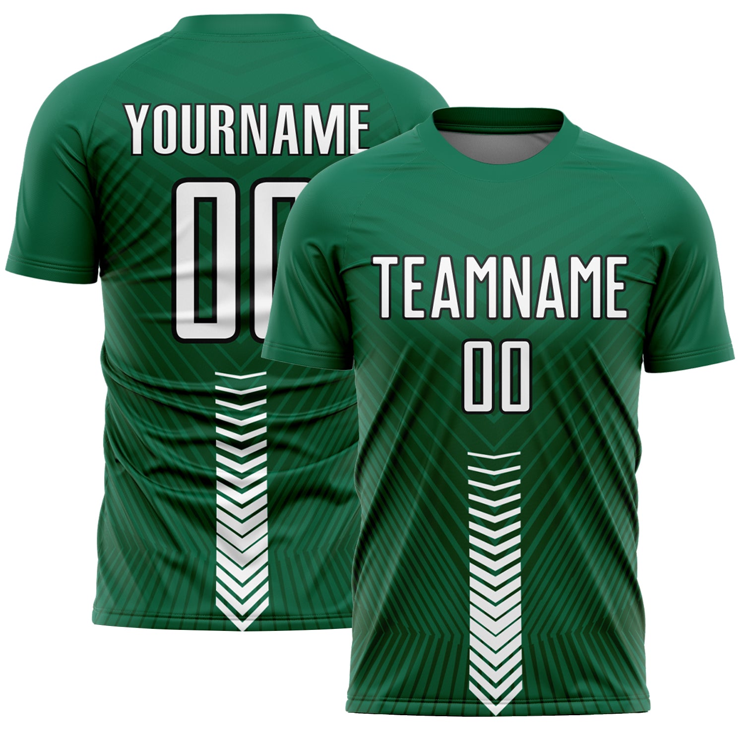 Custom Personalized Soccer Uniform Jersey with Green Arrow Shapes, Team Name and Number, Sublimation Design Personalized