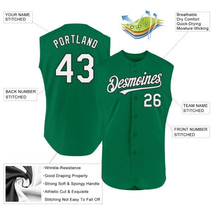 Personalized Authentic Baseball Jersey in Kelly Green, White and Black, Sleeveless Style Personalized Kelly Green White-Black