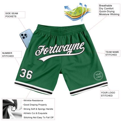 Personalized Authentic Throwback Basketball Shorts in Kelly Green, White, and Black Personalized Kelly Green White-Black