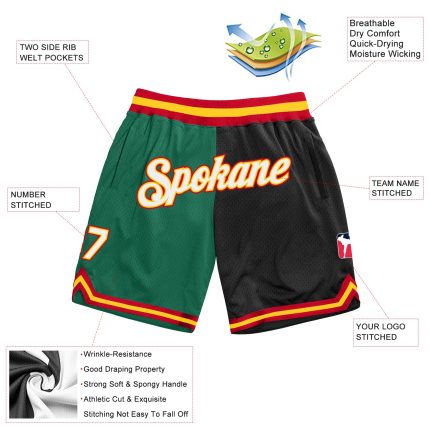 Personalized Authentic Basketball Shorts in Kelly Green and Black-White Split Design Personalized Kelly Green White-Black
