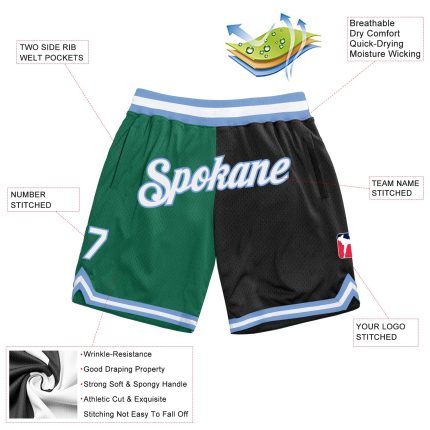 Custom Team Name Number Basketball Shorts - Authentic Kelly Green Black White Throwback Fashion Style Personalized Kelly