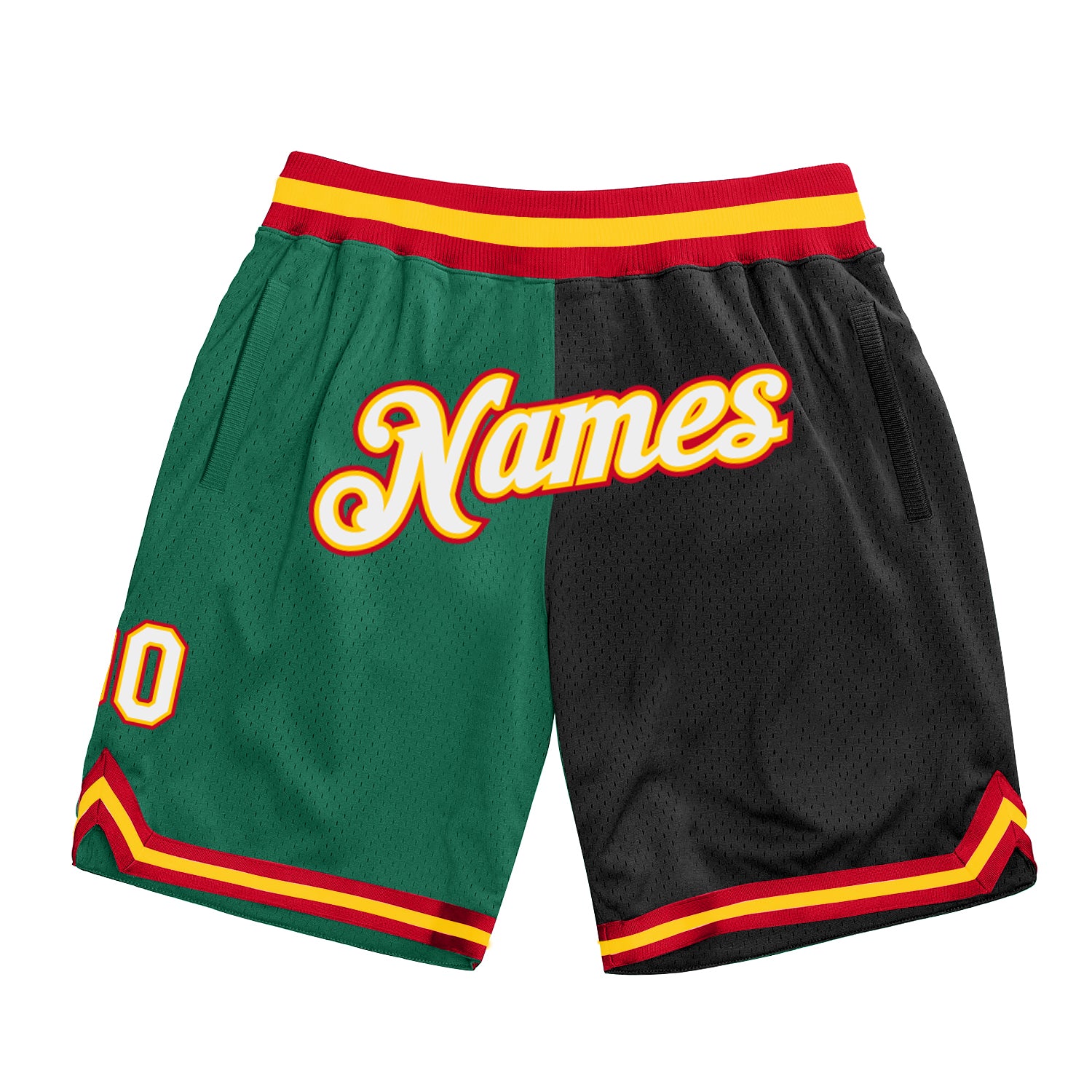Personalized Authentic Basketball Shorts in Kelly Green and Black-White Split Design Personalized Kelly Green White-Black