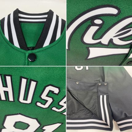 Custom Team Name Number Kelly Green White Black Varsity Bomber Full-Snap Fade Fashion Jacket Personalized Kelly Green White-Black