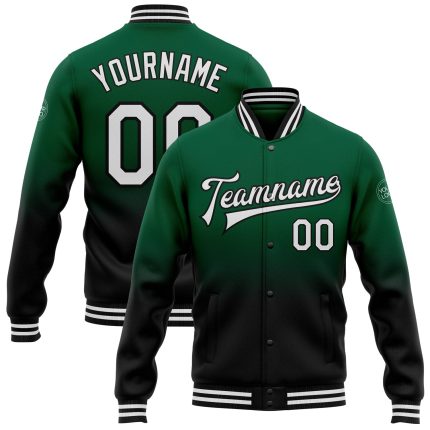 Custom Team Name Number Kelly Green White Black Varsity Bomber Full-Snap Fade Fashion Jacket Personalized Kelly Green White-Black