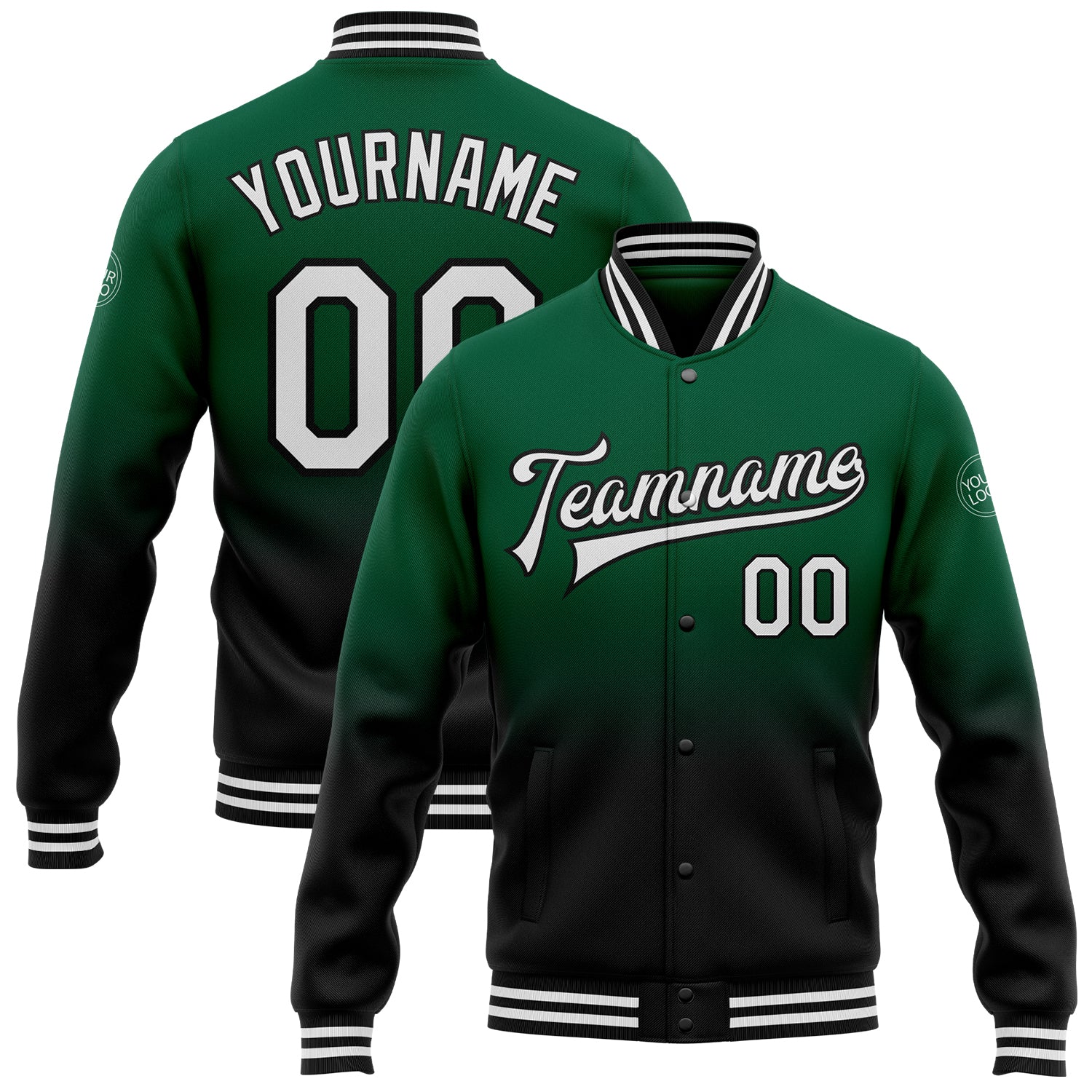 Custom Team Name Number Kelly Green White Black Varsity Bomber Full-Snap Fade Fashion Jacket Personalized Kelly Green White-Black