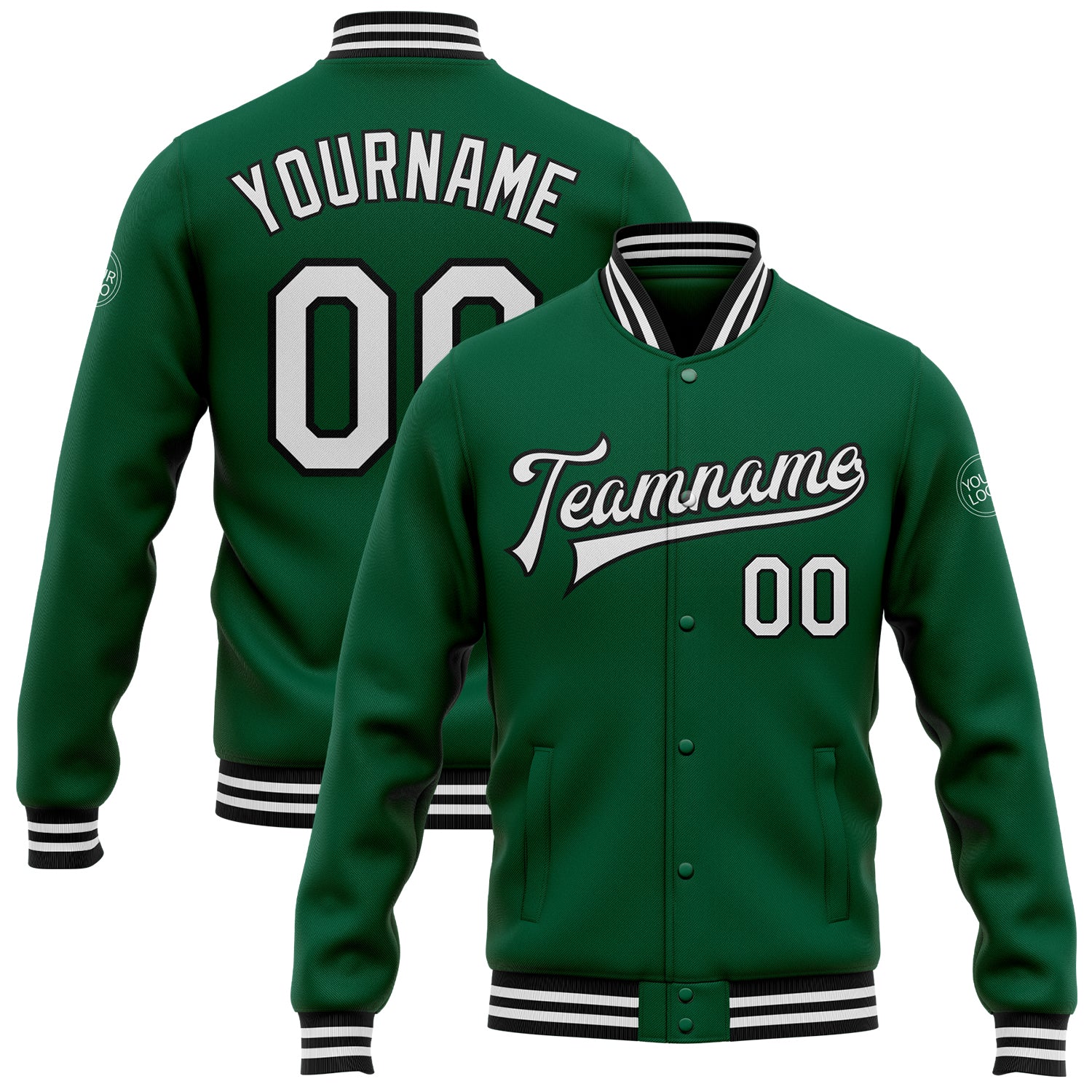 Custom Name Number Varsity Letterman Jacket Kelly Green White-Black Bomber Full-Snap for Team Personalization Personalized