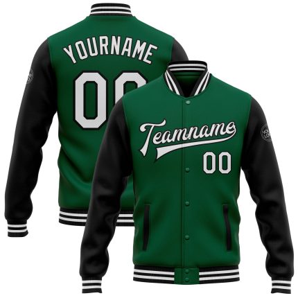Custom Team Name Number Kelly Green and Black Two Tone Bomber Full-Snap Varsity Letterman Jacket Personalized Kelly Green