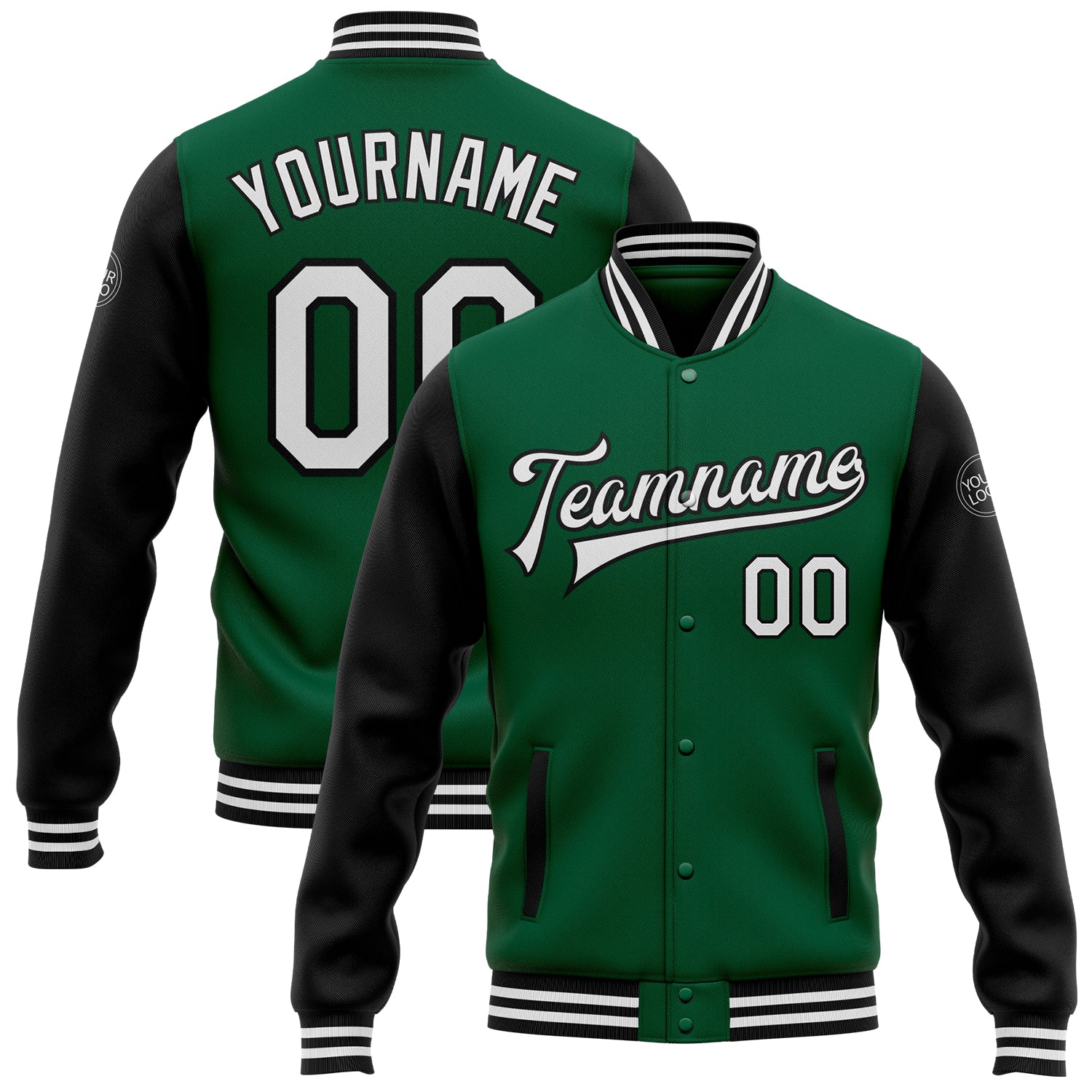 Custom Team Name Number Kelly Green and Black Two Tone Bomber Full-Snap Varsity Letterman Jacket Personalized Kelly Green