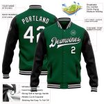 Custom Team Name Number Kelly Green and Black Two Tone Bomber Full-Snap Varsity Letterman Jacket Personalized Kelly Green