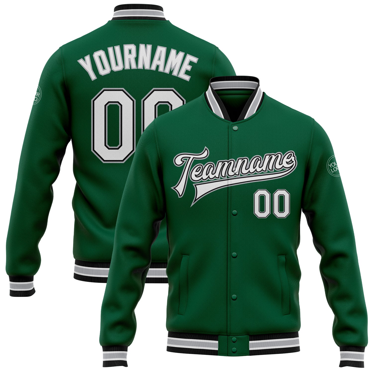 Custom Personalized Bomber Varsity Letterman Jacket with Name and Number in Kelly Green, White, Black-Gray Colors Personalized