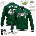 Custom Personalized Bomber Varsity Letterman Jacket with Name and Number in Kelly Green, White, Black-Gray Colors Personalized