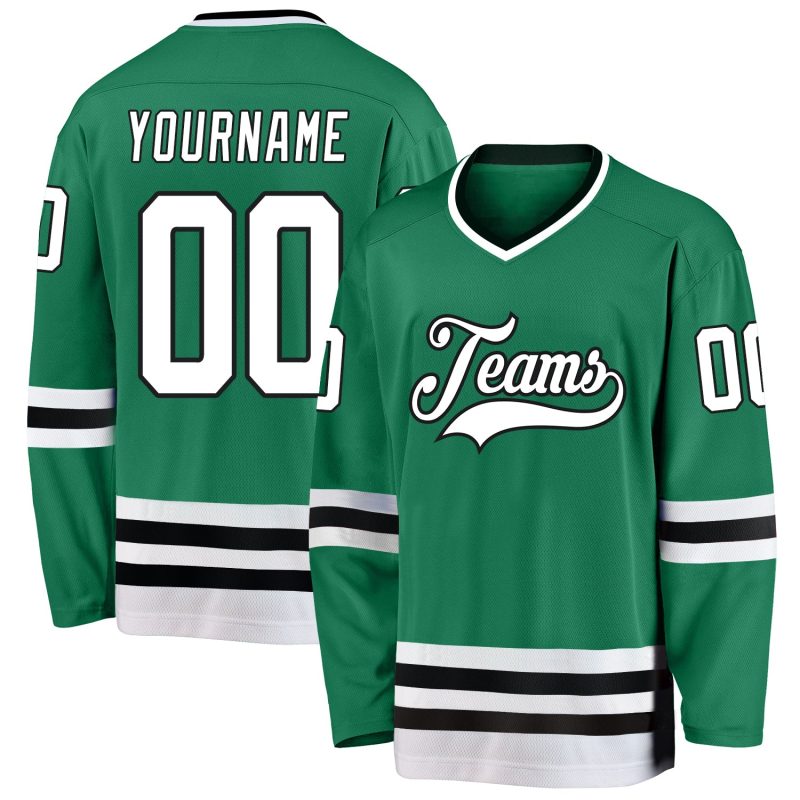 Custom Name and Number Hockey Jersey in Kelly Green, White, and Black - Personalized Team Gear Personalized Kelly Green White-Black