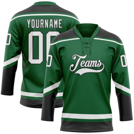 Custom Hockey Jersey with Personalized Name and Number, Kelly Green and White-Black Lace Neck Design Personalized Kelly Green