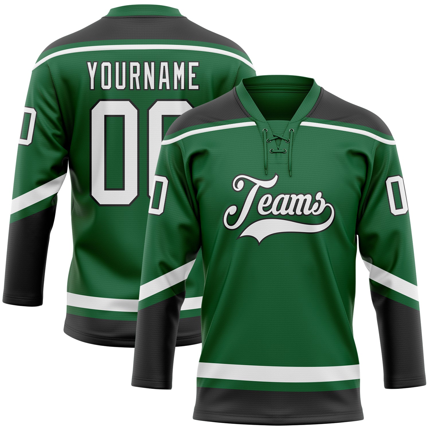 Custom Hockey Jersey with Personalized Name and Number, Kelly Green and White-Black Lace Neck Design Personalized Kelly Green