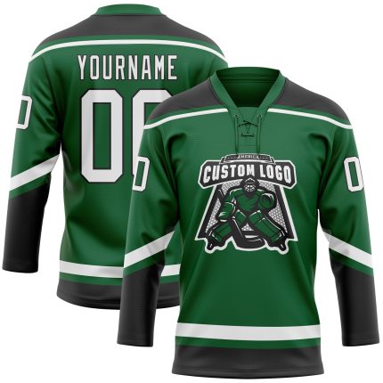 Custom Hockey Jersey with Personalized Name and Number, Kelly Green and White-Black Lace Neck Design Personalized Kelly Green